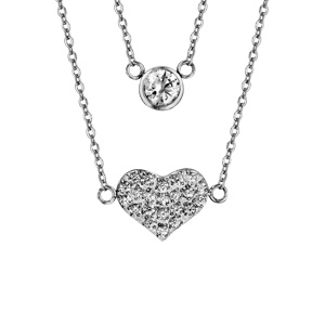 Collier en acier double chaîne 1 oxyde blanc serti clos 1 coeur oxydes blancs sertis 42+3cm