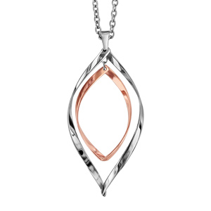 Collier en acier et PVD rose pendentif double gouttes évidées 2 tons 40cm + 5cm