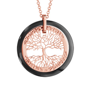 collier en acier et pvd rose pendentif arbre de vie contour céramique noire 42+3cm