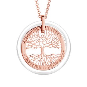 Collier en acier et PVD rose pendentif arbre de vie contour céramique blanche 42+3cm