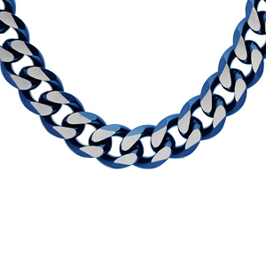 Collier en acier maille gourmette 10mm PVD brossé aspect patiné chanfrein bleu 55cm
