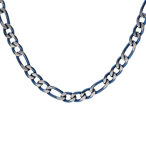Collier en acier maille 1+3 largeur 4mm PVD brossé aspect patiné chanfrein bleu longueur 50cm
