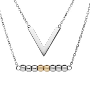 Collier en acier double chaîne avec 1 pendentif forme V et 1 pendentif boules en PVD jaune 40+5cm