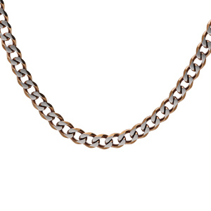 Collier en acier maille gourmette 4mm effet brossé et aspet patiné avec chanfrin marron 50cm