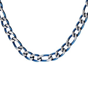 Collier en acier maille 1+3 en 5mm effet brossé, aspect patiné et chanfrin bleu 50cm
