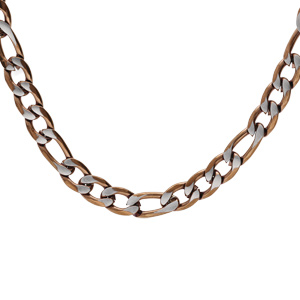 Collier en acier maille 1+3 en 5mm effet brossé, aspect patiné et chanfrin marron 55cm