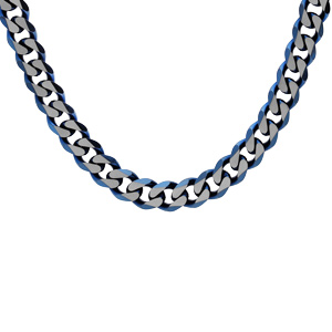 Collier en acier maille gourmette largeur 6mm avec PVD brossé aspect patiné chanfrein bleu 55cm