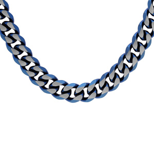 Collier en acier maille gourmette largeur 8mm avec PVD brossé aspect patiné chanfrein bleu 55cm