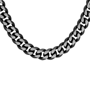 Collier en acier maille gourmette largeur 8mm avec PVD brossé aspect patiné chanfrein noir 55cm