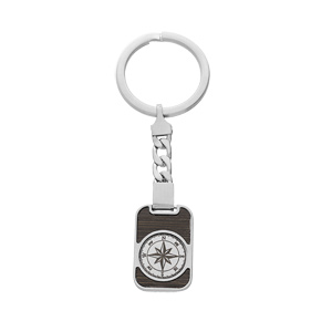 Porte clef en acier rectangulaire motif boussole sur aspect bois