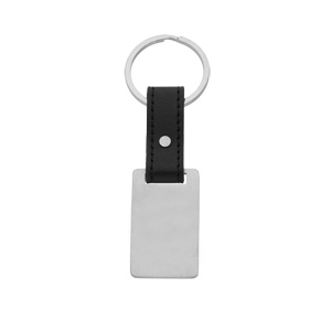 Porte clef en acier et cuir noir plaque à graver rectangulaire