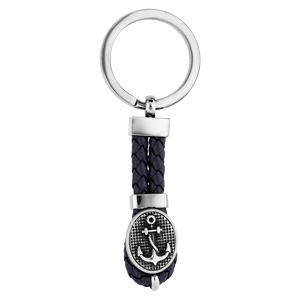 Porte clef en acier et cuir tressé noir avec médaillon ancre marine