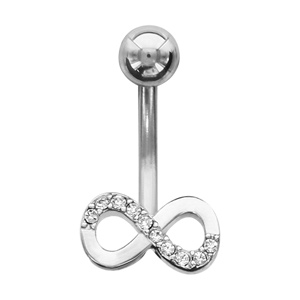 Piercing de nombril en acier symbole infini orné d’oxydes blancs sertis sur la moitié