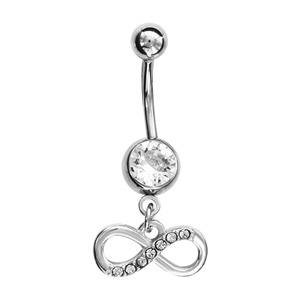 Piercing de nombril en acier symbole infini orné d’oxydes blancs sertis sur la moitié et suspendu à 1 gros oxyde rond blanc
