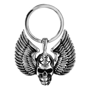 Porte clef en acier patiné tête de mort avec ailes