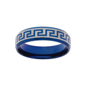 Bague en acier et PVD bleu motif grecque largeur 6mm