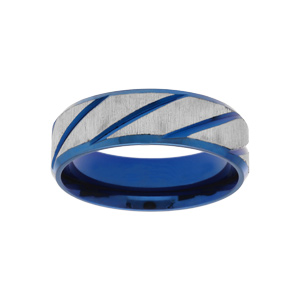 Bague en acier et PVD bleu motif strié largeur 6mm
