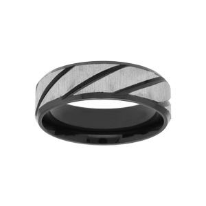 Bague en acier et PVD noir motif strié largeur 6mm
