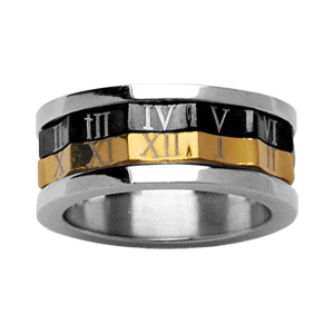 Bague anti-stress en acier avec motifs chiffres romains et bandeaux tournants jaune et noir