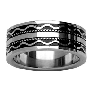 Alliance en acier et résine noire avec motifs vagues, bande et pointillés