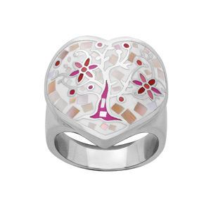 Bague Stella Mia en acier forme coeur motif arbre de vie avec nacre