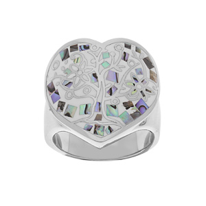 Bague Stella Mia en acier forme coeur motif arbre de vie couleur avec nacre