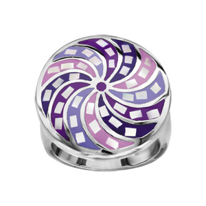 Bague Stella Mia en acier et nacre ronde avec rosace violette et rose