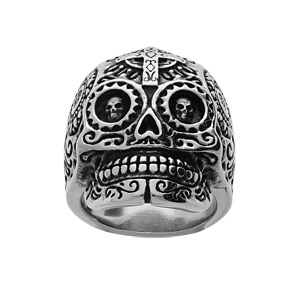 Bague en acier tête de mort et motif croix
