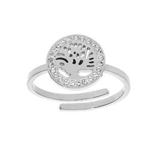 Bague en acier motif arbre de vie et contour oxydes blancs sertis réglable 50 à 58