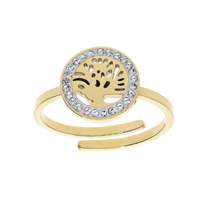 Bague en acier et PVD jaune motif arbre de vie et contour oxydes blancs sertis réglable 50 à 58