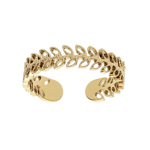 Bague en acier et PVD jaune motif feuillage ouverte réglable du 50 au 58