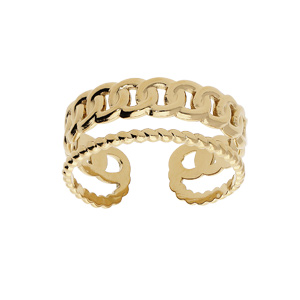 Bague en acier et PVD jaune 2 rangs anneau torsade et maillons entrelacés ouverte réglable du 52 au 