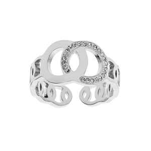 Bague en acier ouverte motif 2 cercles entrelacés avec oxydes blancs