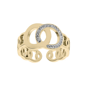 Bague en acier et PVD jaune ouverte motif 2 cercles entrelacés avec oxydes blancs