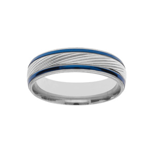 Bague en acier et PVD bleu striée au centre largeur 6mm