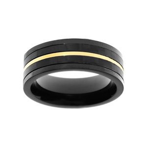 Bague en acier avec carbone et PVD noir avec filet jaune largeur 8mm