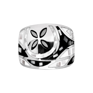 Bague Stella Mia en acier et nacre large motif fleur noir et blanc