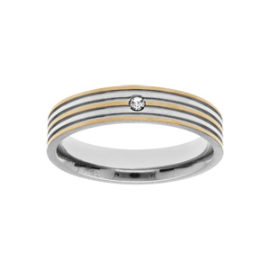 Bague en acier et PVD jaune rayée avec 1 oxyde blanc