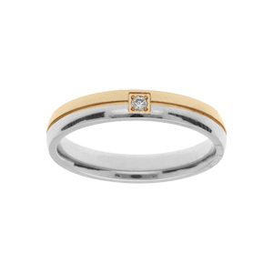 Bague en acier et PVD jaune double anneaux bicolore avec 1 oxyde blanc