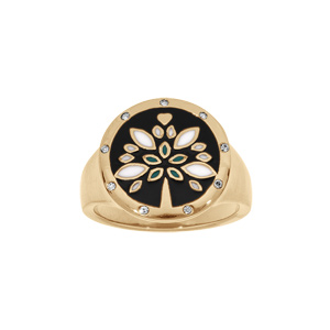 Bague Stella Mia en acier et PVD jaune type chevalière plateau rond motif noir et nacre