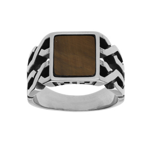 Bague en acier avec plateau imitation oeil de tigre