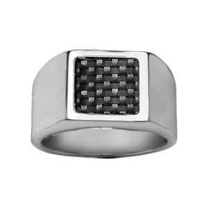 Chevalière en acier plateau carré en carbone noir quadrillé