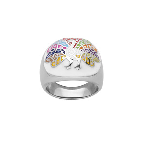 Bague Stella Mia en acier motif paon multi couleur et Nacre
