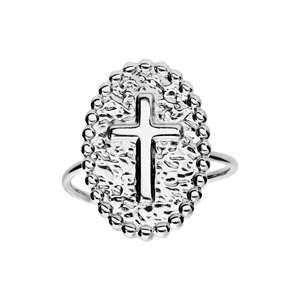 Bague en acier ovale avec pastille motif Croix modèle réglable