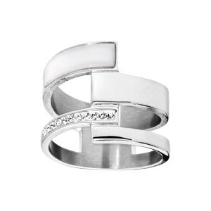 Bague en acier enroulée effet nacre blanche et oxydes blancs sertis
