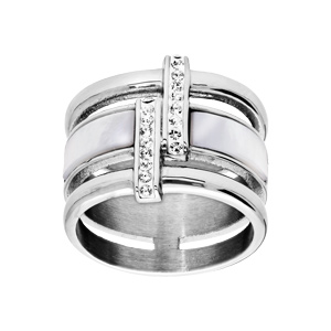 Bague en acier large effet nacre blanche et 2 barrettes oxydes blancs sertis