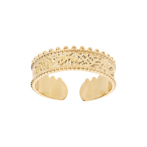 Bague en acier et PVD jaune ruban martelé avec contours picots modèle réglable