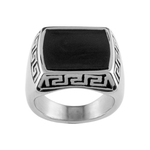 Chevalière en acier plateau rectangulaire en Onyx de synthèse noire et gravure méandres grecs noirs