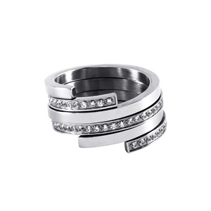 Bague en acier multi rangs d’oxydes blancs sertis