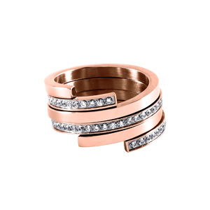 Bague en acier et PVD rose multi rangs d’oxydes blancs sertis